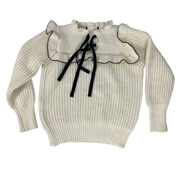 Sweater Womens Large Cable Knit Ruffle Preppy Cottage Peasant Feminine Cozy - Picture 12 of 15